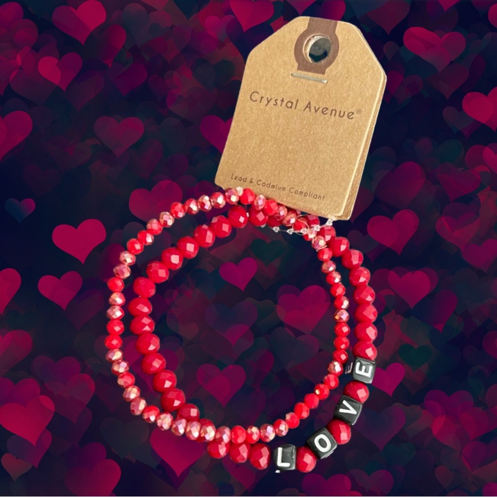 TWO RED BEADED CRYSTAL STRETCH LOVE BRACELETS WITH BLACK AND WHITE LETTERING. - Picture 4 of 5